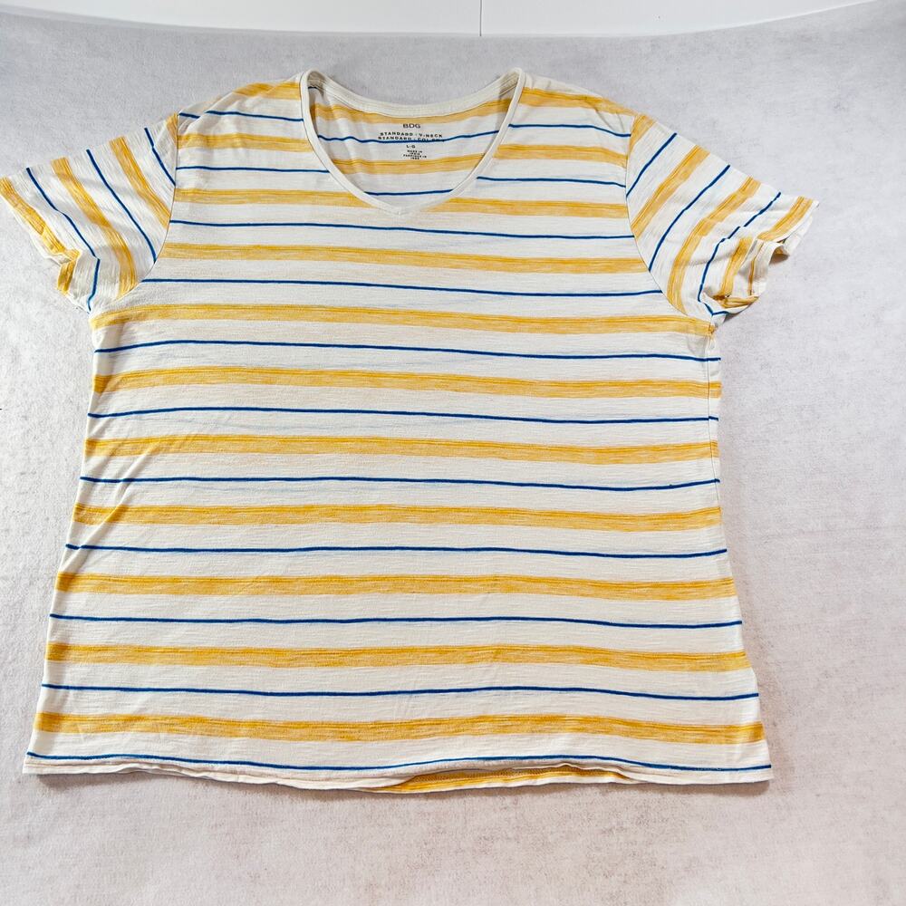 BDG Urban Outfitters V-Neck Shirt Woman's L Short Sleeve Blue Yellow Stripes